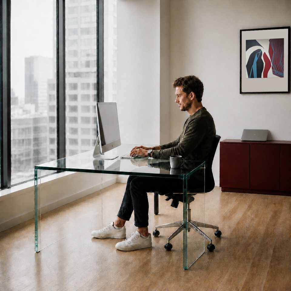 Mann arbeitet an einem Schreibtisch am Computer, an der Wand hängt ein Gemälde