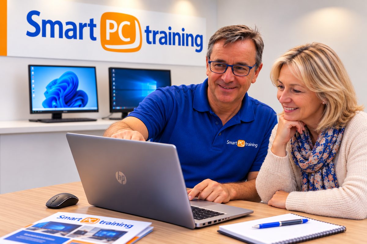 Schulungsleiter im Smart-PC-training-Poloshirt erklärt einer Kundin etwas am Laptop